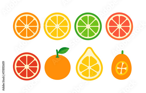 Colorful citrus fruit icons set with flat design slices and whole fruits
