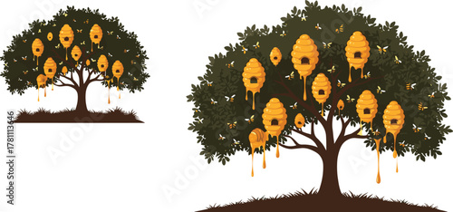 Beehives hanging on tree with honey dripping, busy bees working in nature, organic honey production, natural eco concept illustration