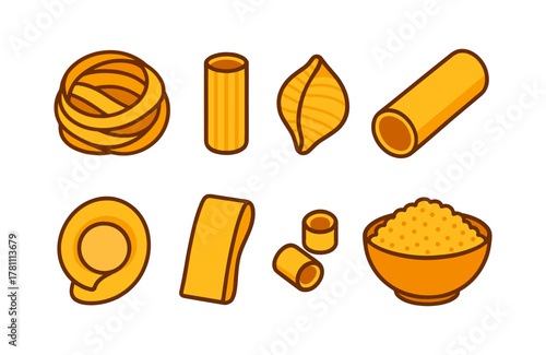 Collection of italian pasta shapes in flat style: fusilli, penne, shells, cannelloni, and more