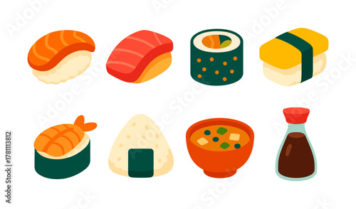 Colorful japanese cuisine icons: sushi, nigiri, ramen, onigiri, soy sauce