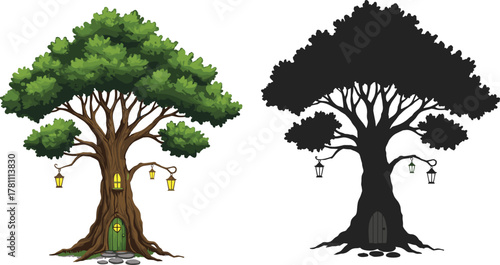 Fantasy tree house with glowing lamps and wooden door, magical forest illustration, fairy home concept, nature fantasy artwork design