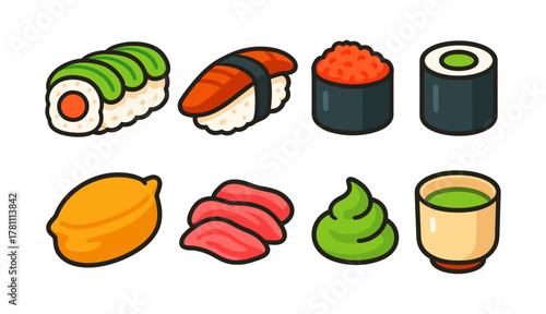 Colorful japanese cuisine icons: sushi and traditional accompaniments in cartoon style