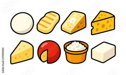 Colorful cheese varieties: diverse dairy icons for food themed designs