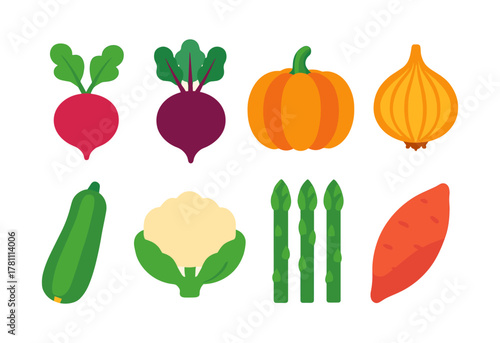 Colorful flat style vegetables on white background for healthy eating concepts