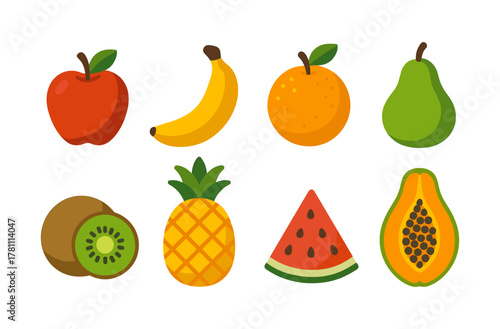 Colorful collection of flat fruit icons: apple, banana, orange, pear, kiwi, pineapple, watermelon, papaya