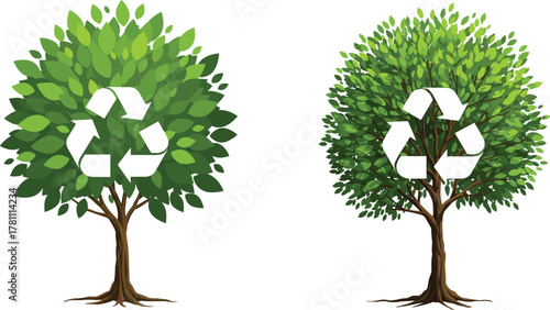 Eco friendly green trees with recycle symbol, sustainability environment concept, nature conservation design, renewable energy and ecological awareness illustration
