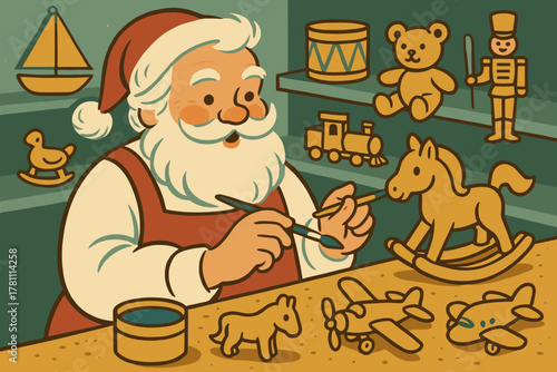 Shelves santa letters icon negative captions workshop bubbles golden retro cartoon vector