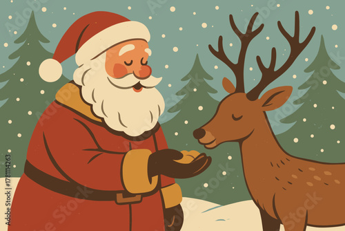 Santa icon accents snow cartoon reindeer retro typography vector golden feel textured