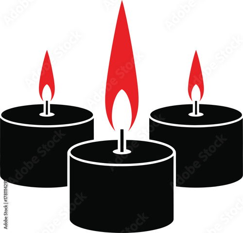 Three minimalist black tea light candles with vibrant red flames, isolated on a clean white background.