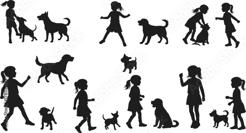 Children interacting with dogs silhouette series, playful pet moments, black outline design, expressive posture, minimal art, companionship gesture study
