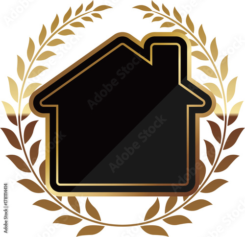 高級感のある家と月桂冠のフレーム　ブラック＆ゴールド