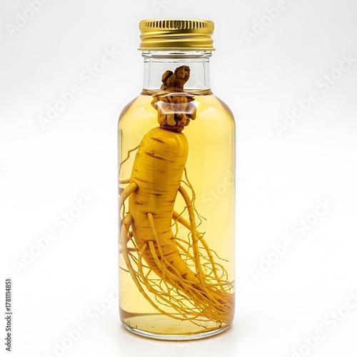 Illustration of ginseng root in a glass bottle isolated on white background, herbal medicine