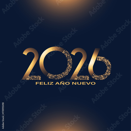 Tarjeta o pancarta para desear un feliz año nuevo 2026 en dorado sobre fondo negro con detalles dorados