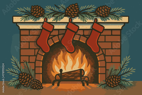 Glow amber vintage snow green vector nighttime fireplace icon cones pine typography