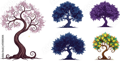 Beautiful fantasy trees illustration set with colorful leaves, mystical art design, magical forest concept, decorative nature elements for digital artwork