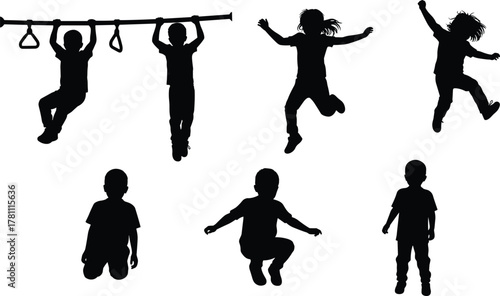 Children silhouette activity, gymnastic play, jumping kids, expressive motion, physical movement, hanging pose, dynamic posture, outdoor fun, playful energy, balance