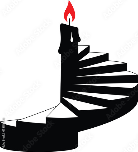 Abstract spiral staircase with a lit candle and bright red flame symbolizing journey and guidance
