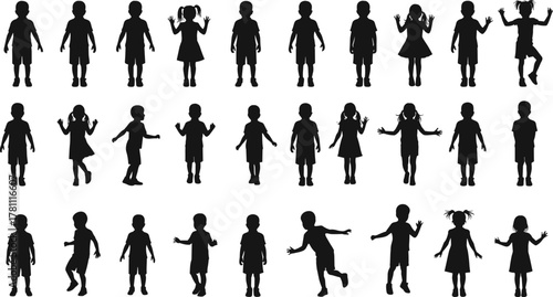 Children silhouette grid, diverse poses, expressive movement, playful energy, black figures, jumping, dancing, running, standing, hairstyle variety, clothing contrast