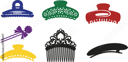 Colorful hair clip and comb collection, trendy women’s hair accessories, modern beauty illustration, stylish claw clips, feminine fashion design inspiration