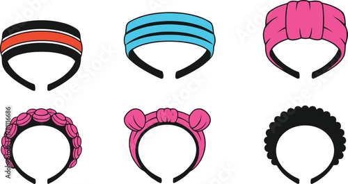 Colorful headband collection, trendy women’s fashion accessories, modern stylish hairbands illustration, feminine beauty design, cute and elegant headwear inspiration
