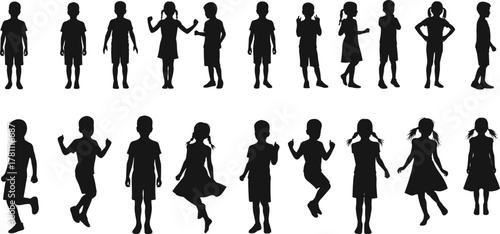 Children silhouette grid, expressive poses, playful movement, black figures, dancing, walking, jumping, hairstyle variety, clothing contrast, posture diversity