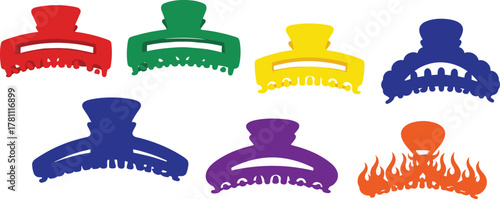 Colorful hair clip vector set, modern claw clips for women, trendy beauty accessories illustration, stylish fashion collection, feminine design inspiration
