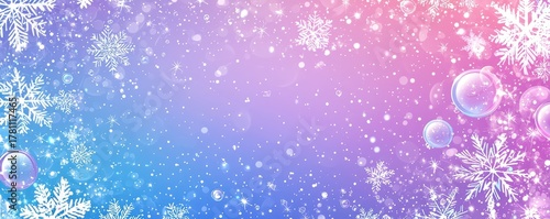 Beautiful purple and blue gradient background with sparkling snowflakes and bubbles creating a magical winter wonderland scene