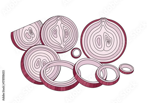A group of sliced red onions with rings and cut sections