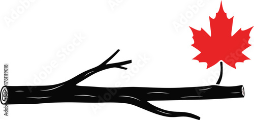 Stylized red maple leaf on a black branch, simple vector graphic for nature and canada
