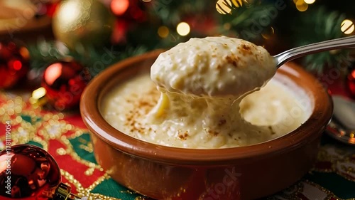 Cozy holiday ambiance: stirring and tasting creamy rice pudding with festive decor