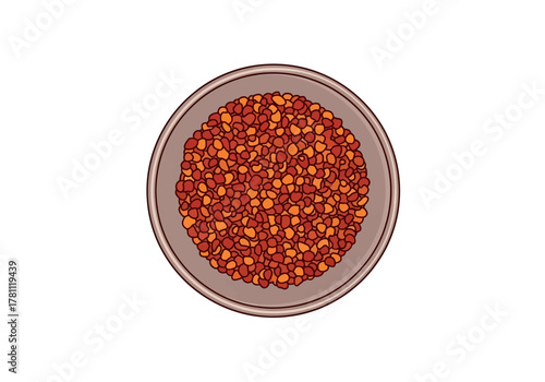 A bowl is filled with red and orange lentils The bowl is round and has a gray rim