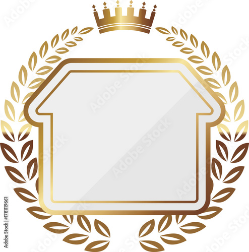 高級感のある家と月桂冠のフレーム　ホワイト＆ゴールド