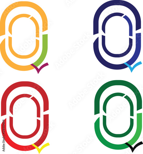 A modern set of four abstract logos featuring interlocking loops with a checkmark accent, symbolizing verification, trust, and connection.