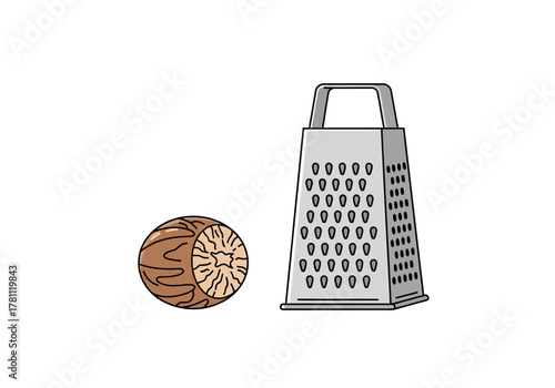 A halved nutmeg and a grater are visible on a white background