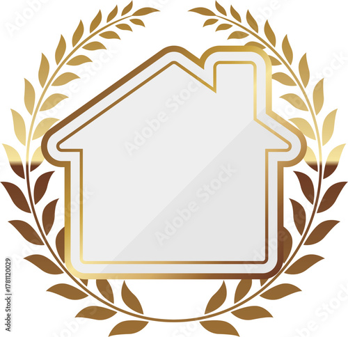 高級感のある家と月桂冠のフレーム　ホワイト＆ゴールド