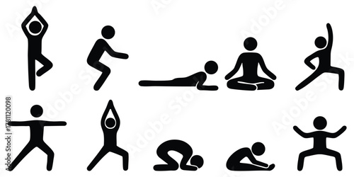 Stickman yoga and meditation poses, Fitness exercise silhouette icons, Yoga stretching and balance illustration set
