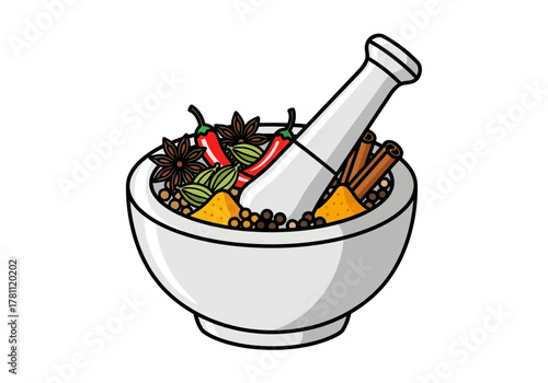 A white bowl is filled with spices including star anise chili peppers cinnamon sticks and mortar tool