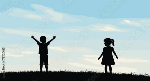 Children silhouette on hill, blue sky, raised arms, ponytail, dress, shorts, outdoor play, nature scene, freedom, cloud background