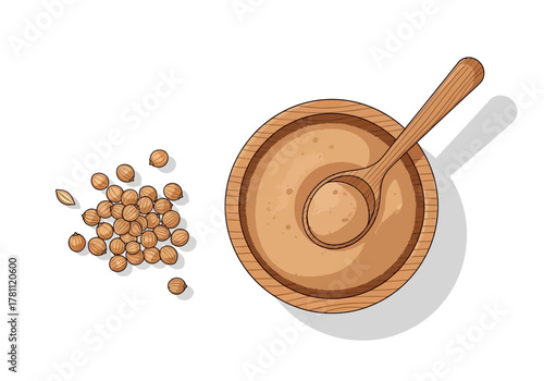 Depicts chickpeas beside a wooden bowl filled with a beige paste and a spoon on a white background