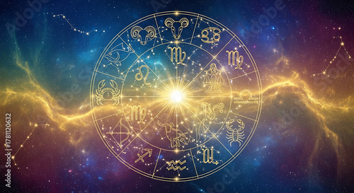 Zodiac astrology chart with constellations cosmic background
