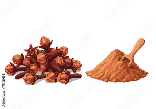 Digital art cloves whole and powdered with a wooden scoop on a white background