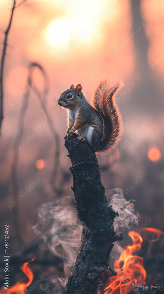 Obraz premium A gray squirrel sits on a charred log amidst smoke and flames. The background features a blurred, fiery landscape, creating a dramatic scene.