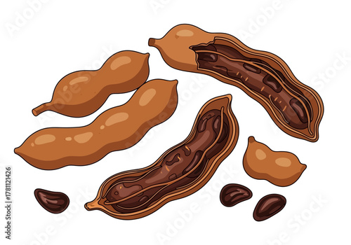 Tamarind pods some split open revealing dark seeds  pulp