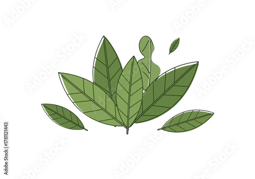 Stylized green leaves central arrangement with single upright leaf behind  scattered loose leaves