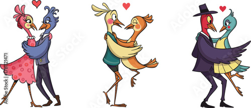 Cute dancing love birds couples illustration, romantic valentine art, wedding dance, affection, romance, happiness, togetherness, joy, tenderness, colorful birds, celebration