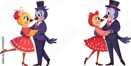 Cute dancing love birds couple in vintage clothes, romantic bird illustration, valentine celebration, wedding dance, affection, romance, happiness, joy, togetherness
