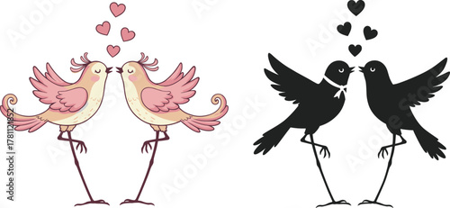 Cute love birds kissing, romantic valentine couple illustration, pink and black birds with hearts, wedding, romance, affection, happiness, tenderness, passion