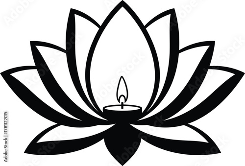 Elegant black outline lotus flower with a serene candle flame, symbolizing peace, meditation, spirituality, and sacred purity.