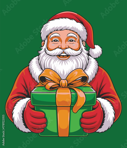 Santa cheerfully holding a green wrapped gift spreading happiness and warmth during the magical Christmas season