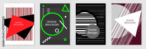 Geometric cover design, set. Abstract unusual background in the style of Memphis. Bright geometric shapes in random order